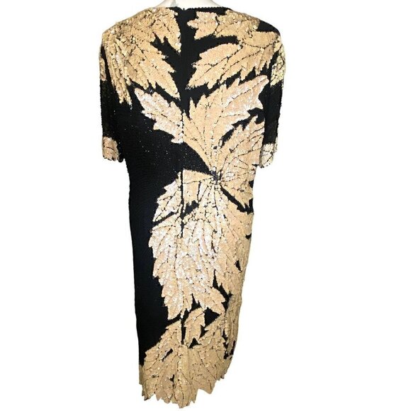 Vintage 80s Sho Max sequin dress opalescent creme black leaf design art nouveau - Picture 2 of 15